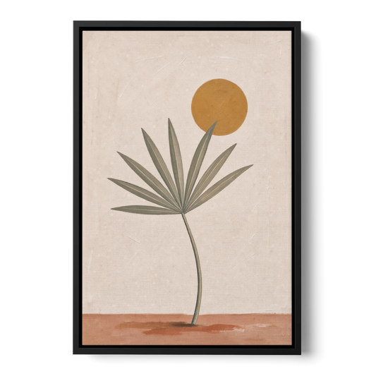 Boho Sun Over a Sage Palm Leaf - Black Framed Canvas Wall Art - Front