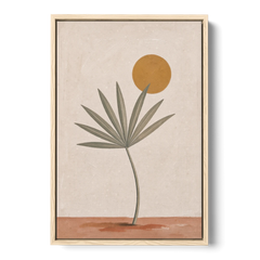 Boho Sun Over a Sage Palm Leaf - Oak Framed Canvas Wall Art - Front