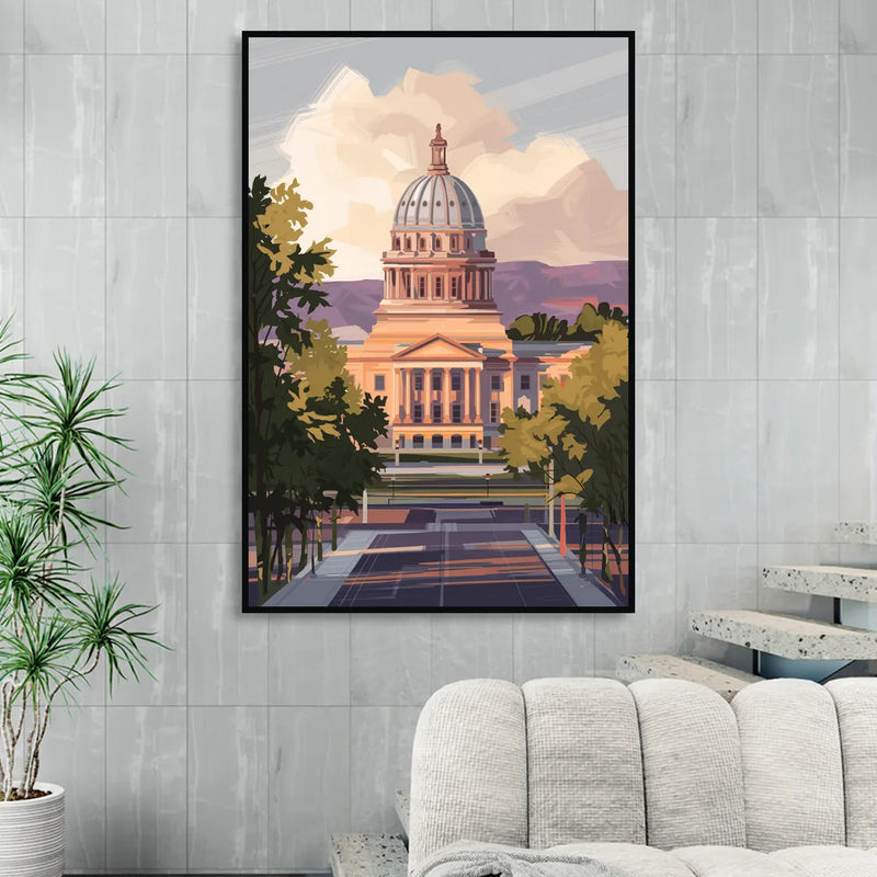 Boise Capitol Building View Sitting Room - Black Canvas Wall Art