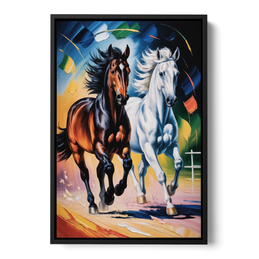 Bold Black and White Horse Duo - Black Framed Canvas Wall Art - Front