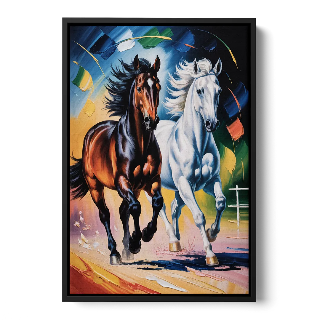 Bold Black and White Horse Duo Front - Black Canvas Wall Art