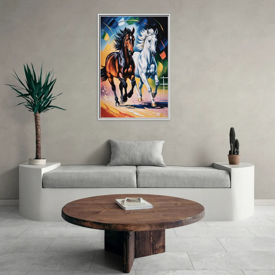 Bold Black and White Horse Duo - Living Room White Frame Canvas