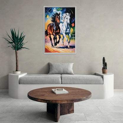 Bold Black and White Horse Duo - Living Room White Frame Canvas