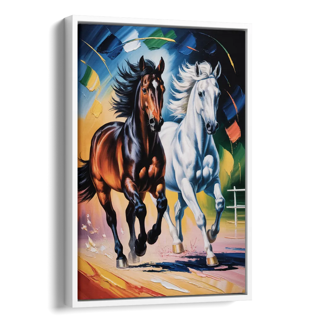 Bold Black and White Horse Duo Side - White Canvas Wall Art