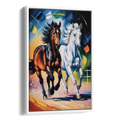 Bold Black and White Horse Duo Side - White Canvas Wall Art