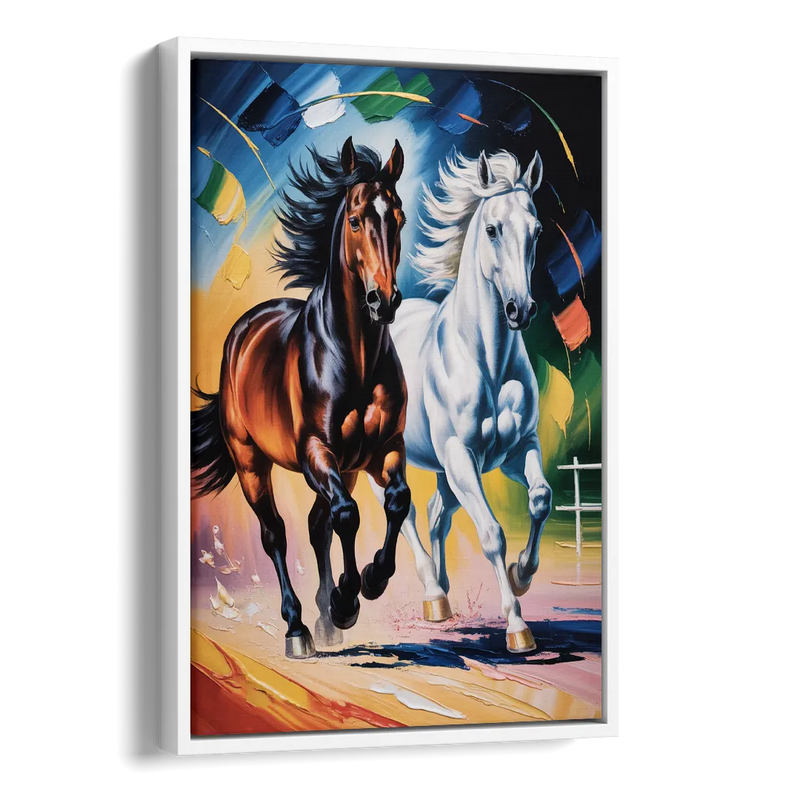 Bold Black and White Horse Duo Side - White Canvas Wall Art