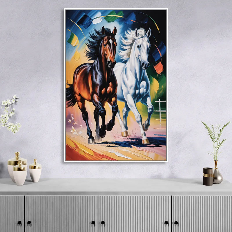 Bold Black and White Horse Duo Sitting Room - White Canvas Wall Art