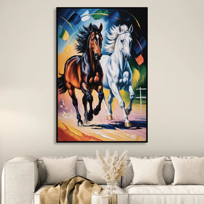 Bold Black and White Horse Duo Sitting Room - Black Canvas Wall Art
