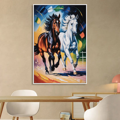 Bold Black and White Horse Duo Living Room - White Canvas Wall Art
