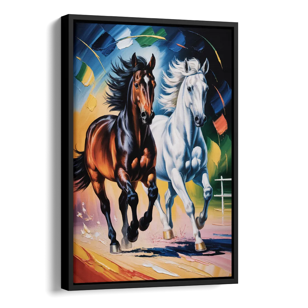 Bold Black and White Horse Duo Side - Black Canvas Wall Art