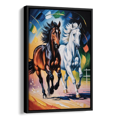 Bold Black and White Horse Duo Side - Black Canvas Wall Art