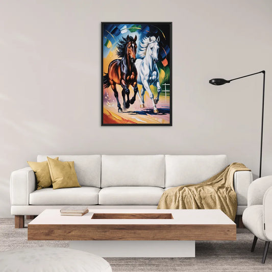 Bold Black and White Horse Duo - Living Room Black Frame Canvas