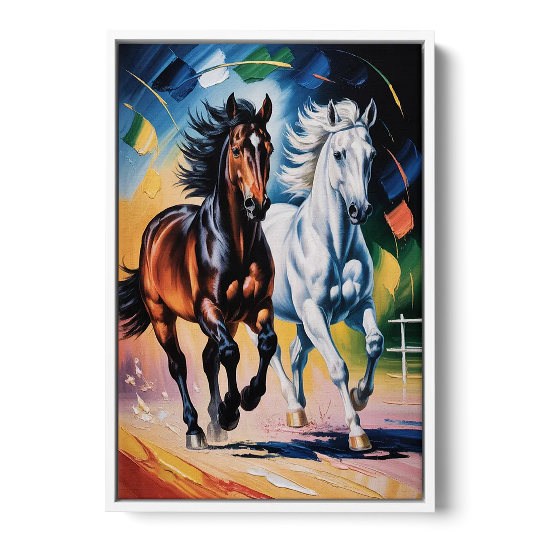 Bold Black and White Horse Duo - White Frame Canvas