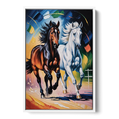 Bold Black and White Horse Duo - White Frame Canvas
