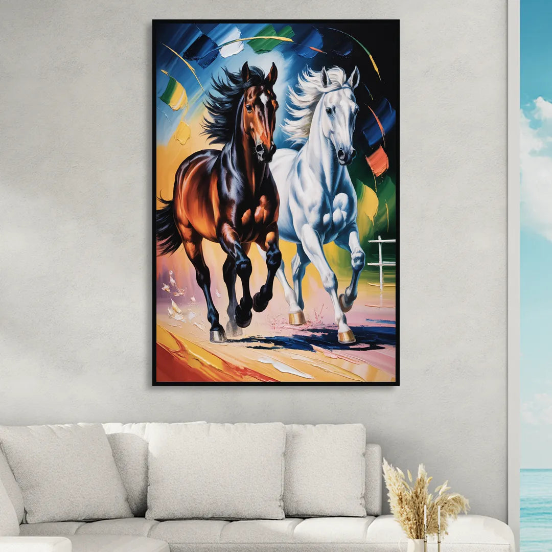 Bold Black and White Horse Duo Living Room - Black Canvas Wall Art