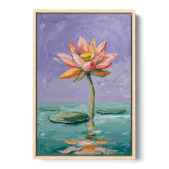Bold Floral Wall Art Lotus Over Teal Water - Oak Framed Canvas Wall Art - Front