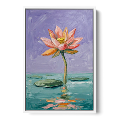 Bold Floral Wall Art Lotus Over Teal Water - White Framed Canvas Wall Art - Front