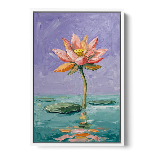Bold Floral Wall Art Lotus Over Teal Water - White Framed Canvas Wall Art - Front