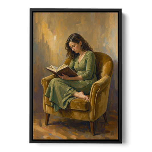 Book Lover Wall Art in the Mustard Armchair - Black Framed Canvas Wall Art - Front