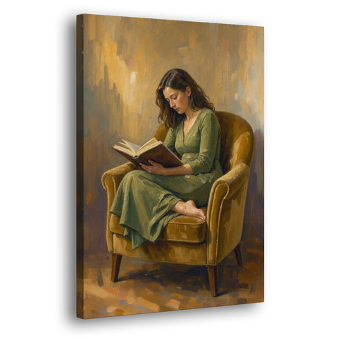 Book Lover Wall Art in the Mustard Armchair - Canvas Wall Art - Side