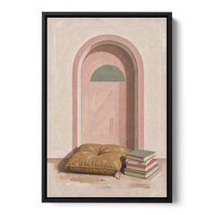 Book Nook Decor with Mustard Cushion in Blush Arch - Black Framed Canvas Wall Art - Front
