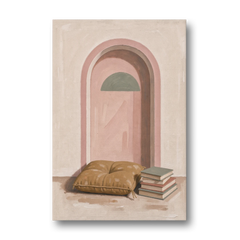 Book Nook Decor with Mustard Cushion in Blush Arch - Canvas Wall Art - Front