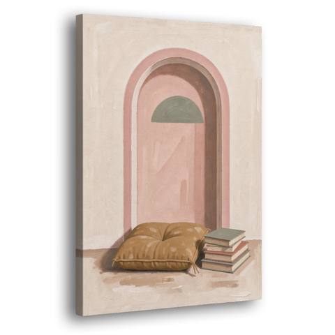 Book Nook Decor with Mustard Cushion in Blush Arch - Canvas Wall Art - Side