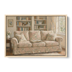 Bookish Wall Art with Blush Floral Sofa - Oak Framed Canvas Wall Art - Front