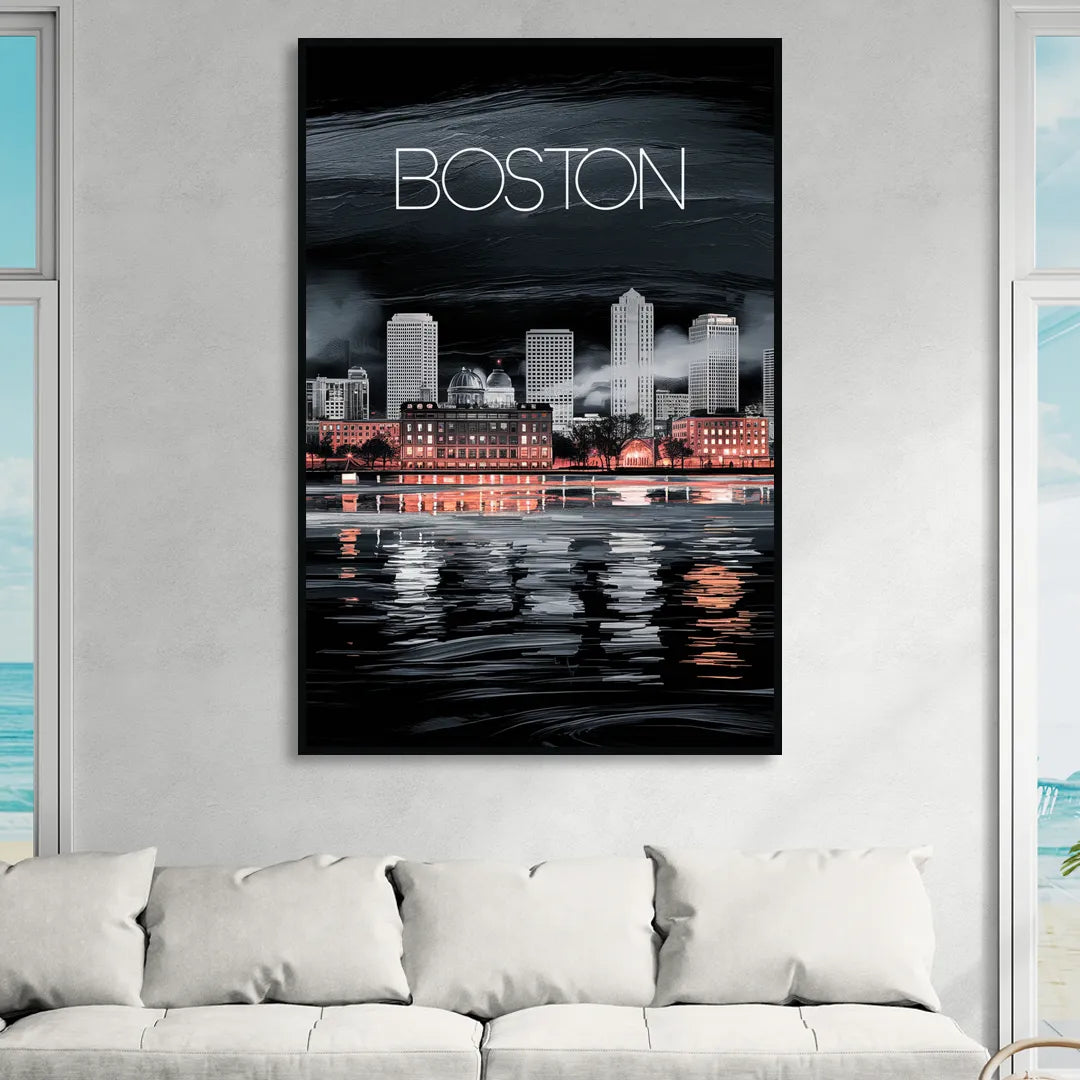 Boston Black and White Aesthetic Living Room - Black Canvas Wall Art