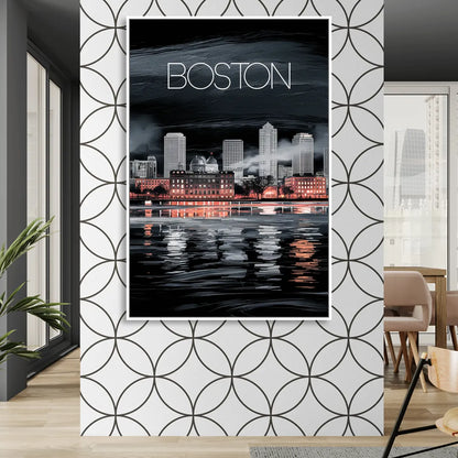 Boston Black and White Aesthetic Living Room - White Canvas Wall Art