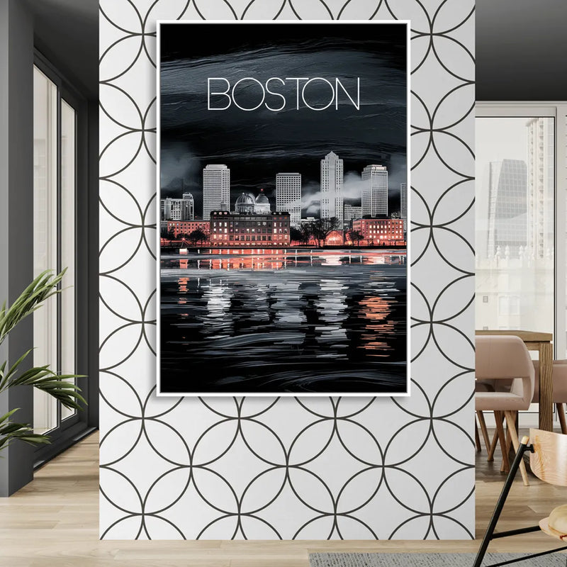 Boston Black and White Aesthetic Living Room - White Canvas Wall Art
