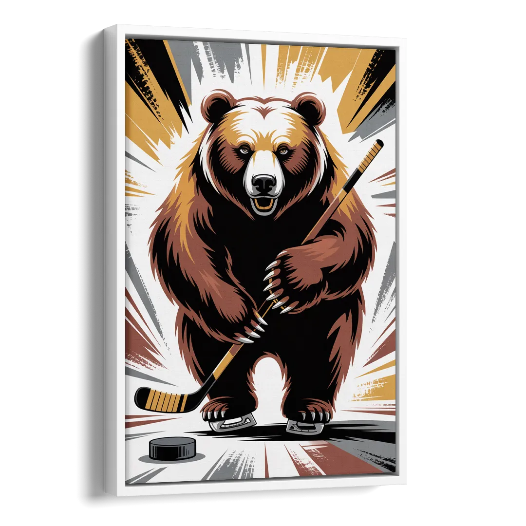 Boston Bruins Abstract Bear Art with Hockey Elements Side - White Canvas Wall Art