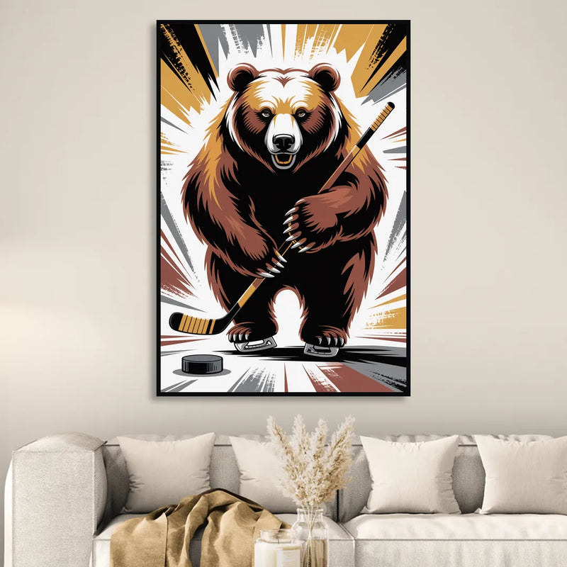 Boston Bruins Abstract Bear Art with Hockey Elements Sitting Room - Black Canvas Wall Art