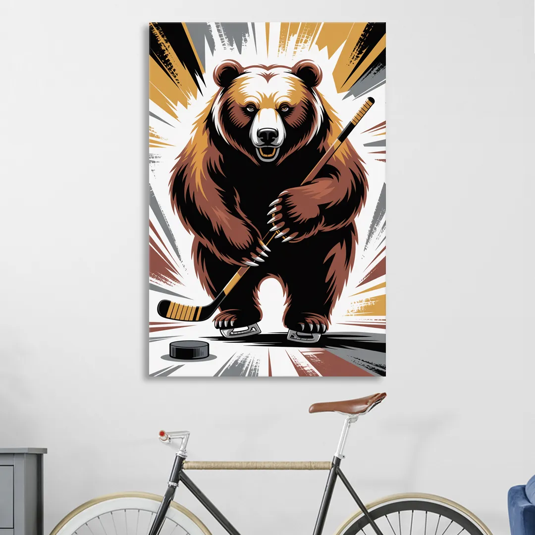 Boston Bruins Abstract Bear Art with Hockey Elements Living Room - Canvas Wall Art