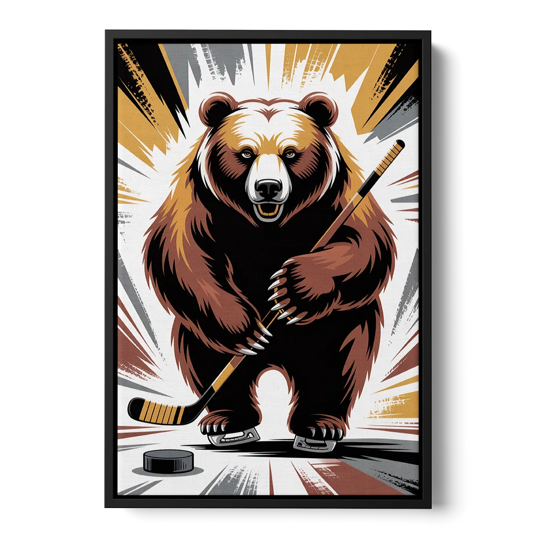 Boston Bruins Abstract Bear Art with Hockey Elements - Black Frame Canvas