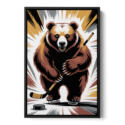Boston Bruins Abstract Bear Art with Hockey Elements - Black Frame Canvas