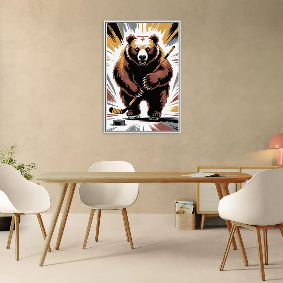 Boston Bruins Abstract Bear Art with Hockey Elements - Living Room White Frame Canvas