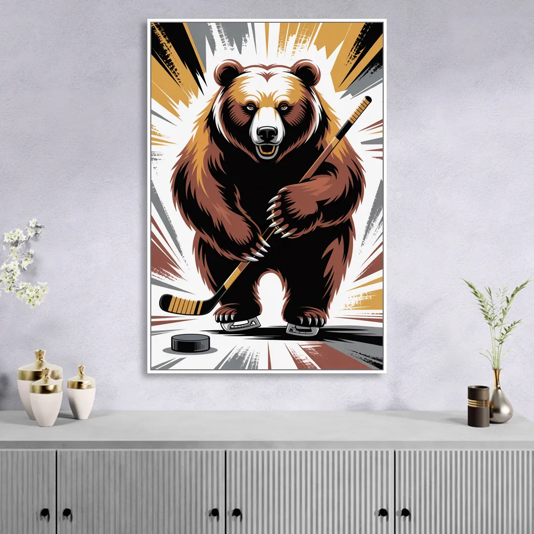 Boston Bruins Abstract Bear Art with Hockey Elements Sitting Room - White Canvas Wall Art