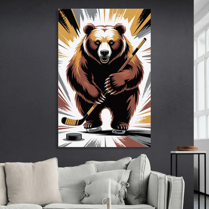Boston Bruins Abstract Bear Art with Hockey Elements Sitting Room - Canvas Wall Art