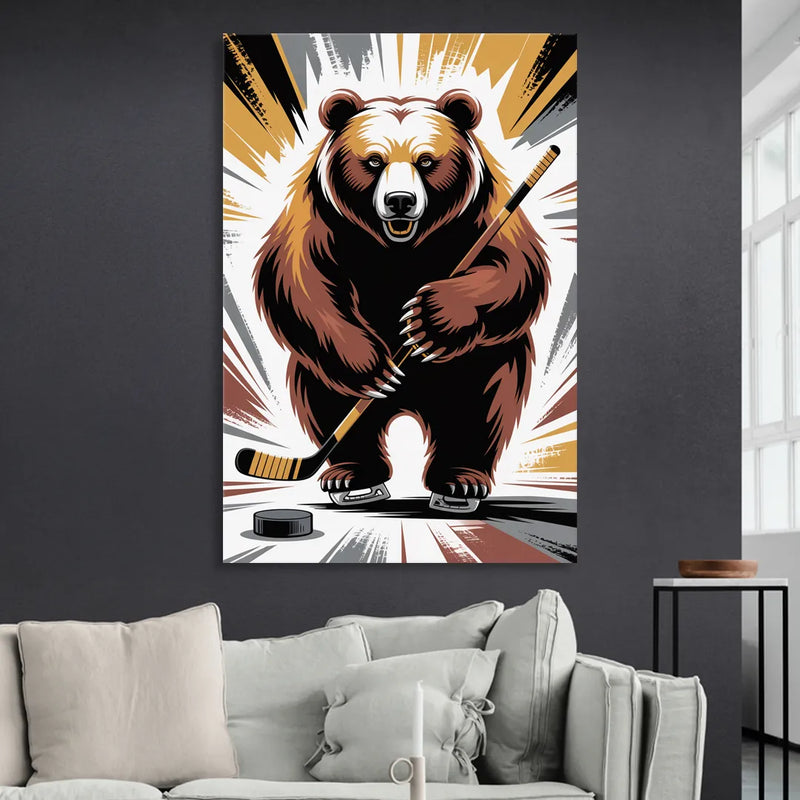 Boston Bruins Abstract Bear Art with Hockey Elements Sitting Room - Canvas Wall Art