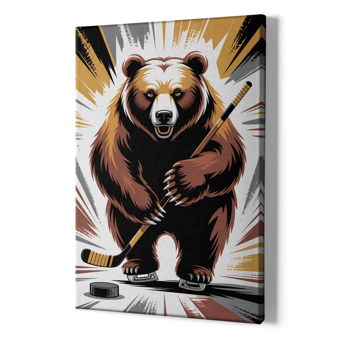 Boston Bruins Abstract Bear Art with Hockey Elements - Canvas Print Art Sides