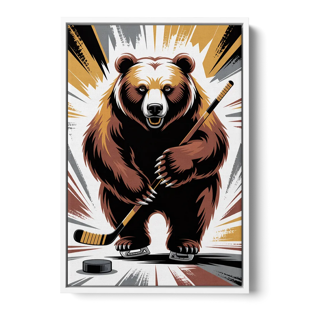 Boston Bruins Abstract Bear Art with Hockey Elements Front - White Canvas Wall Art