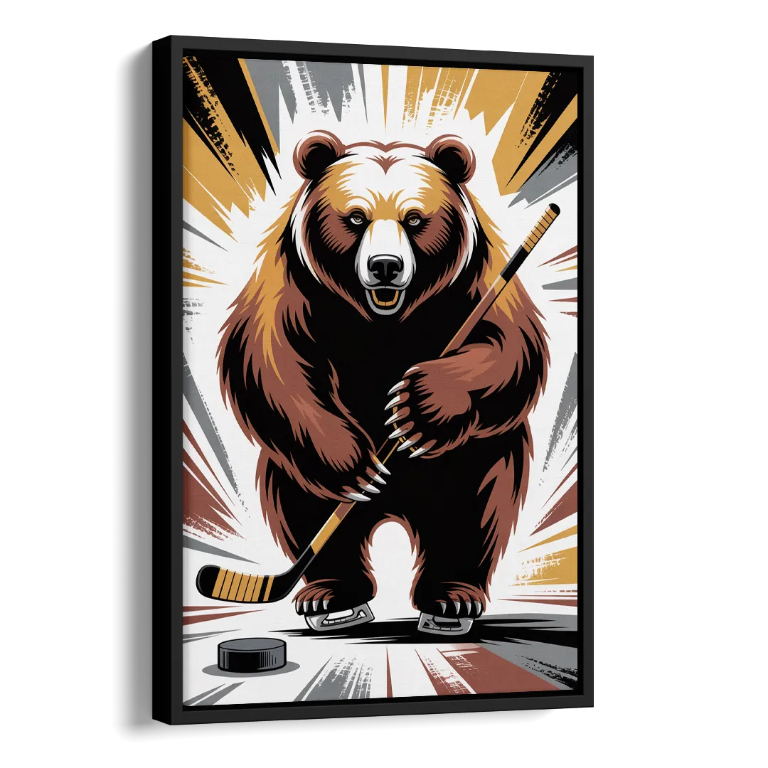 Boston Bruins Abstract Bear Art with Hockey Elements Side - Black Canvas Wall Art