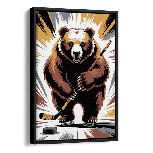 Boston Bruins Abstract Bear Art with Hockey Elements Side - Black Canvas Wall Art