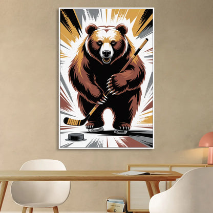 Boston Bruins Abstract Bear Art with Hockey Elements Living Room - White Canvas Wall Art