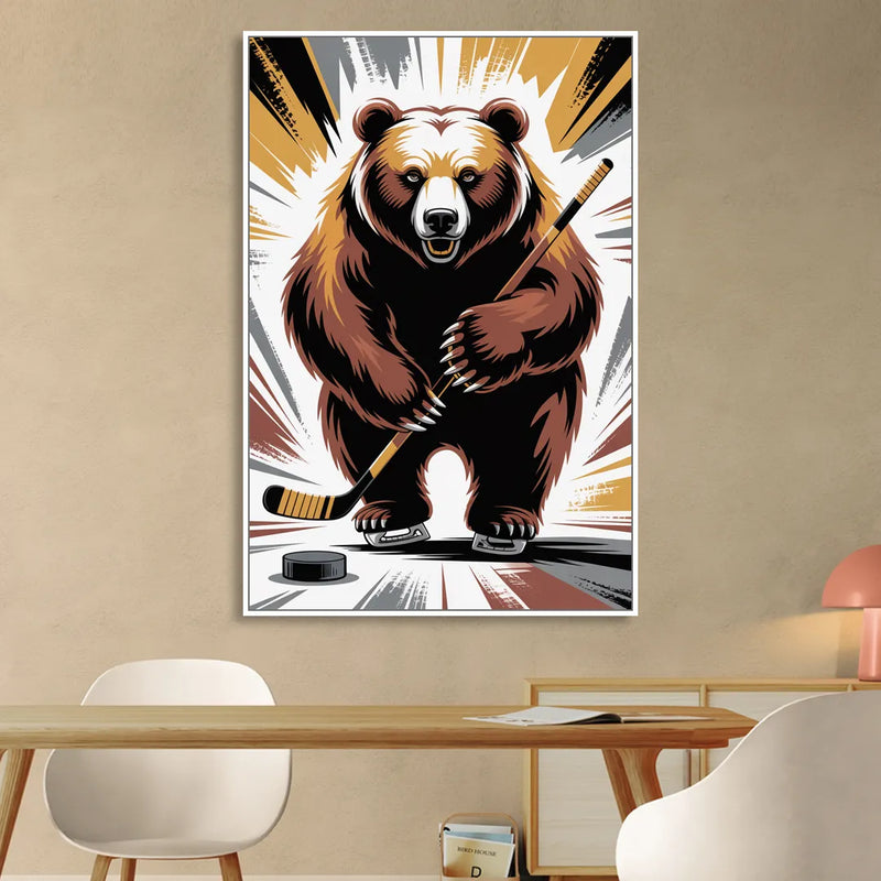 Boston Bruins Abstract Bear Art with Hockey Elements Living Room - White Canvas Wall Art