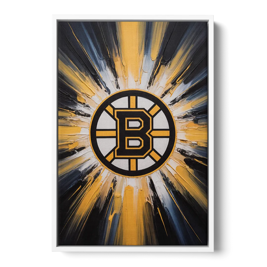 Boston Bruins Impressionistic Emblem Art - White Frame Canvas