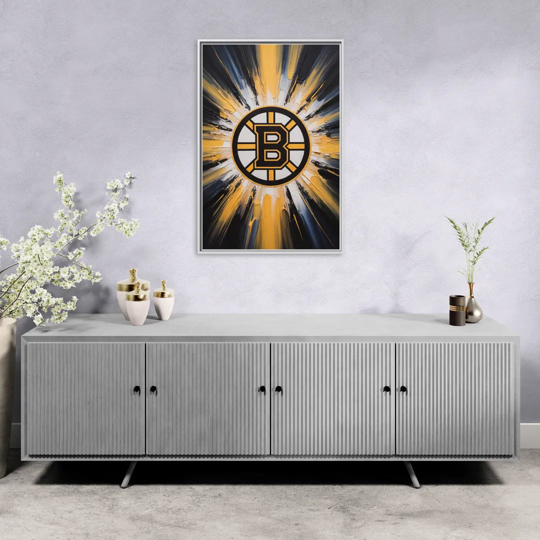 Boston Bruins Impressionistic Emblem Art - Living Room White Frame Canvas