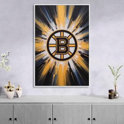 Boston Bruins Impressionistic Emblem Art Living Room - White Canvas Wall Art