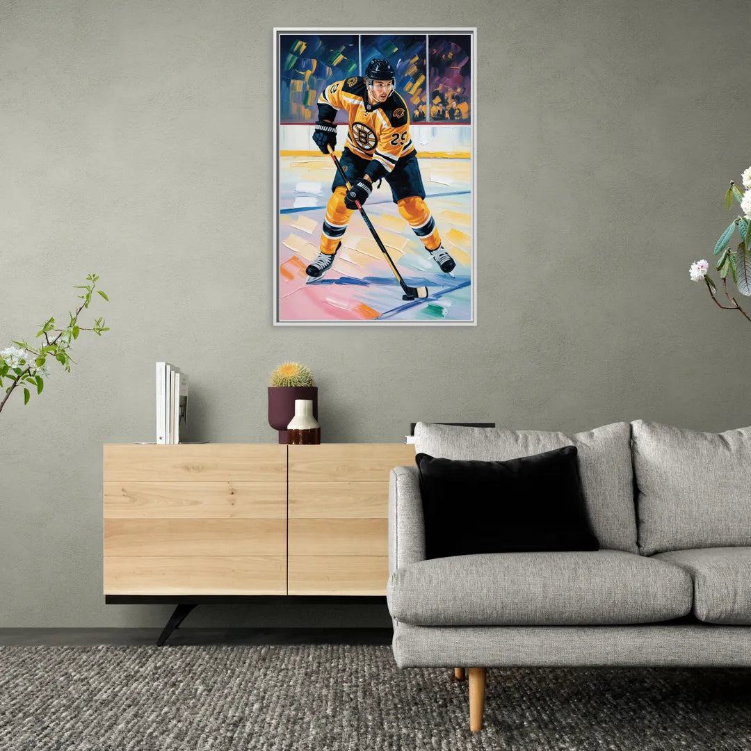 Boston Bruins Impressionistic Hockey Action Art - Living Room White Frame Canvas